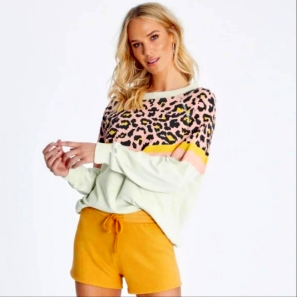 WILDFOX Leopard Party Cat Sommers Spotted French Terry Stripe Sweatshirt Aloe